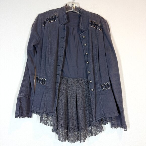 Free People Victorian Lace Up Military Jacket Corset Gray Ruffle Plum Steampunk - Picture 6 of 13